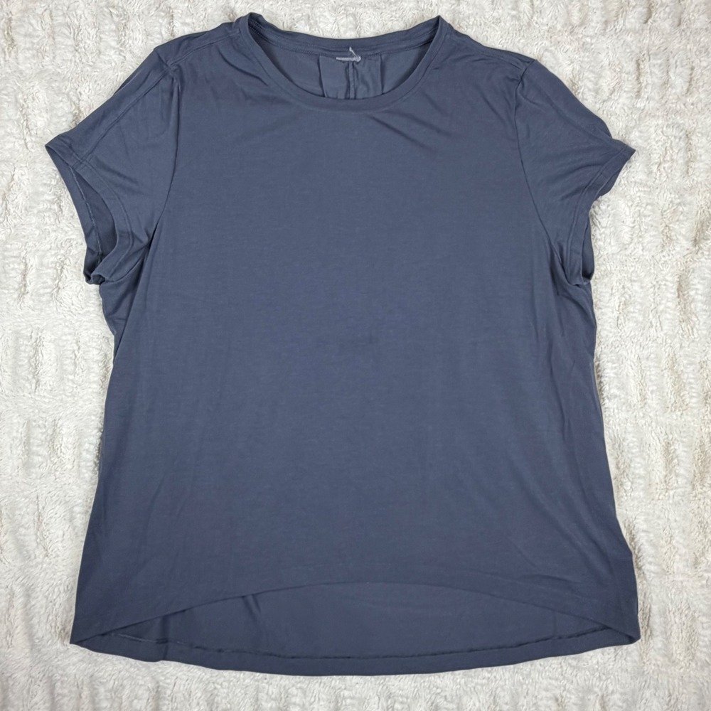 Athleta Womens Gray Blue Short Sleeve Pleated Back High Low Top Size M RN 54023